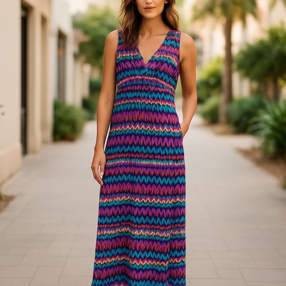 NWT Ruby Road Maxi dress Batik chic multicolor boho neck dress size large - Picture 1 of 11